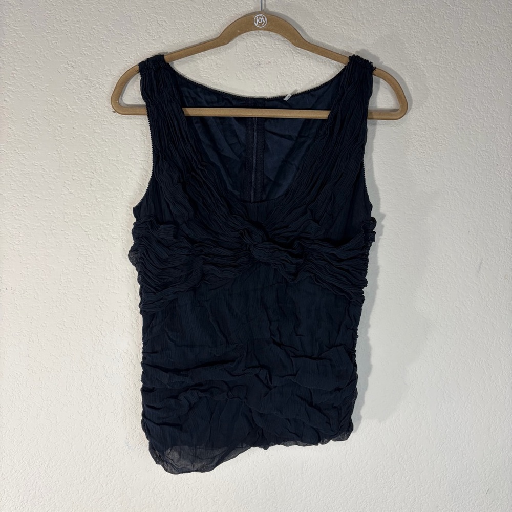 ELIE TAHARI Y2K BLACK SILK RUCHED V-NECK CORSET STYLE TANK TOP SZ L Goth Grunge